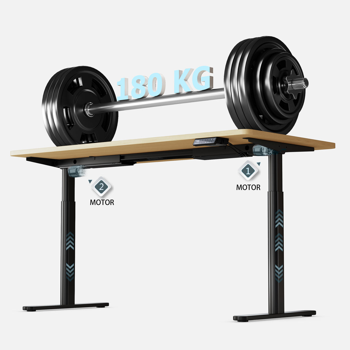 EL2 Pro Arts unterstützt ein Gewicht von bis zu 180 kg, um eine Tischplatte aus Massivholz mit mehreren 27-Zoll-Monitoren und mehr mühelos anzuheben