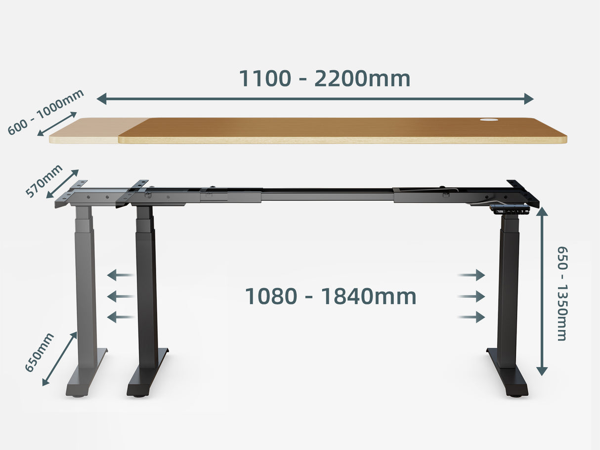 Maidesite T2 pro max Tischgestell unterstützt 110-220 cm mal 60-100 cm extra große Tischplatte