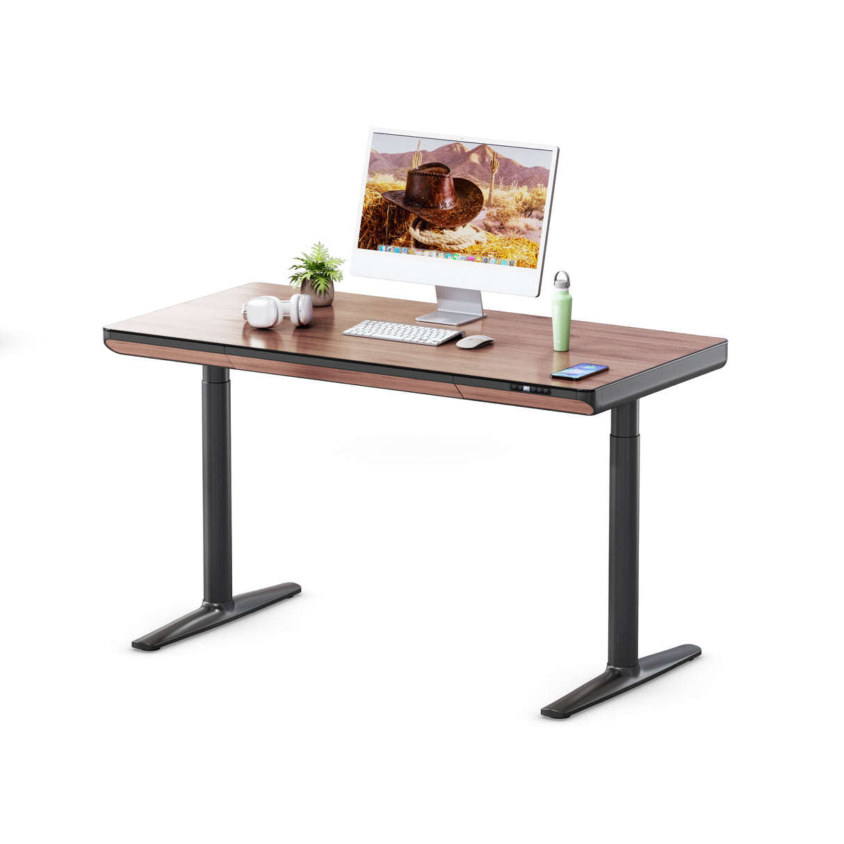 Yoga Höhenverstellbarer Bürotisch 140x70 cm schwarz Tischgestell mit Nussbaum Tischplatte